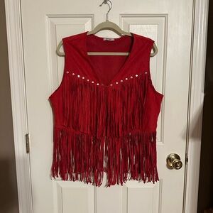Meaneor 70’s Vintage Seude Red Western Boho Fringe Vest